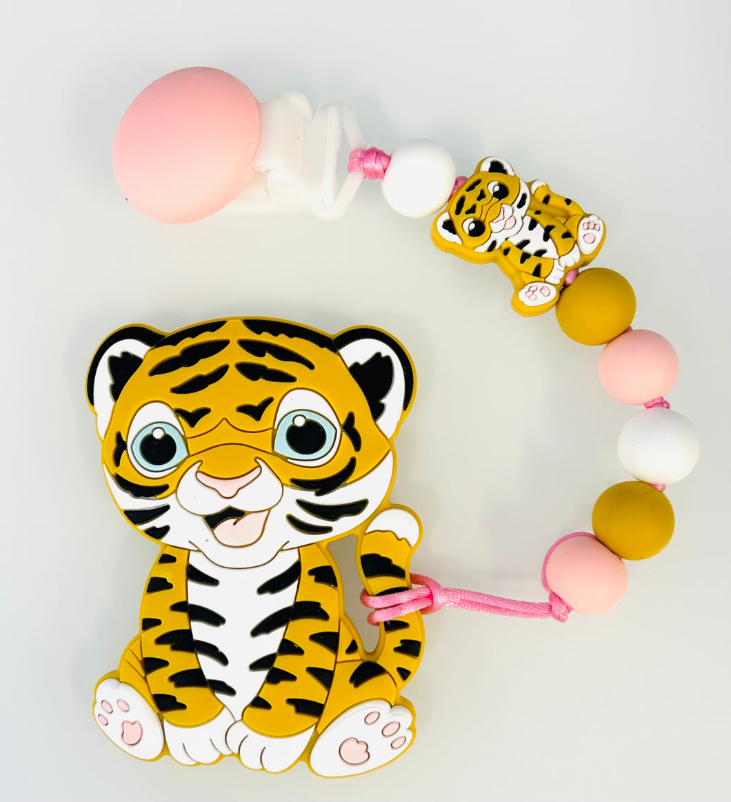 Duo attache suce et jouet de dentition tigre rose