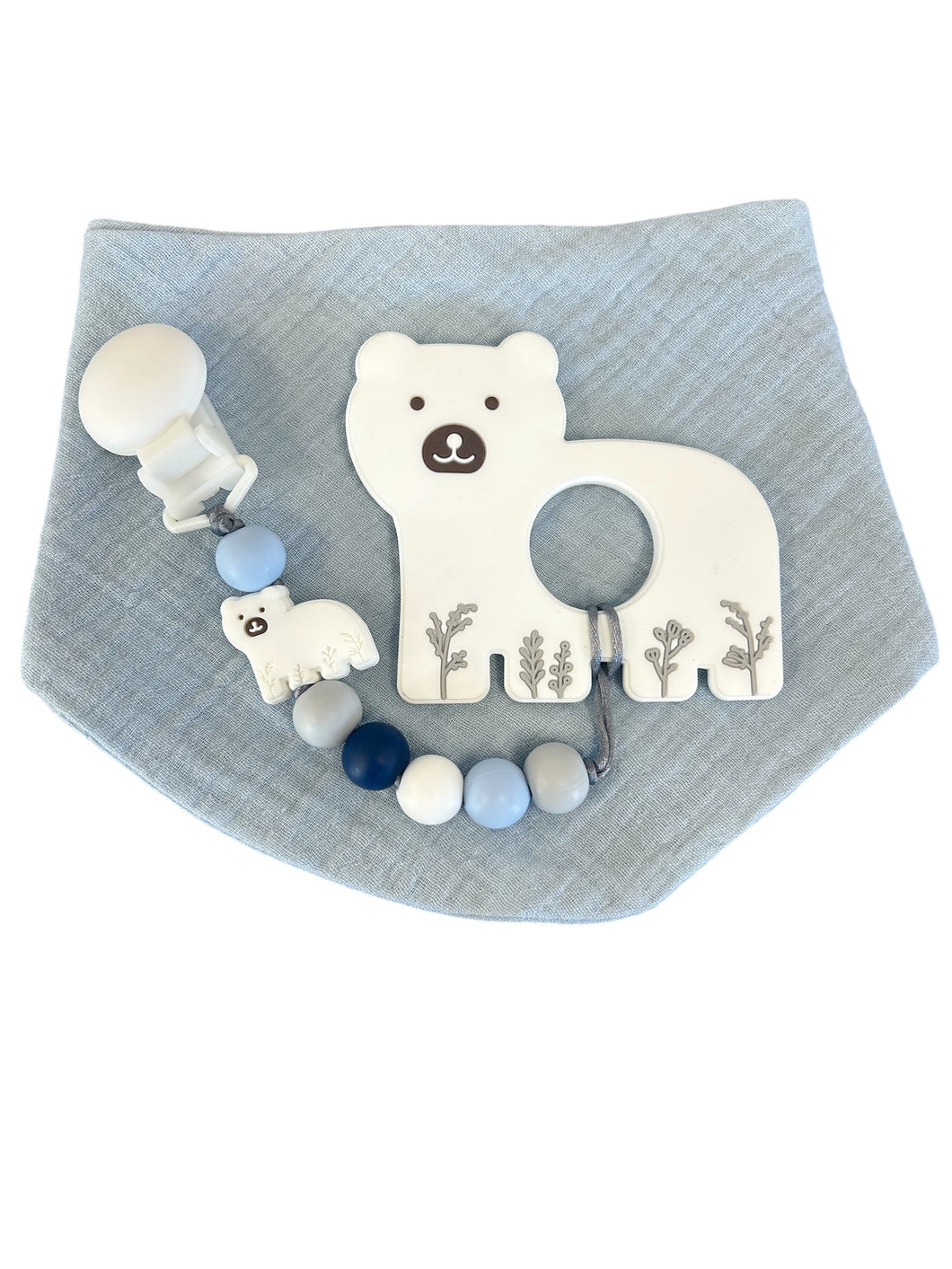 Kit bavoir, attache suce et jouet de dentition ours polaire