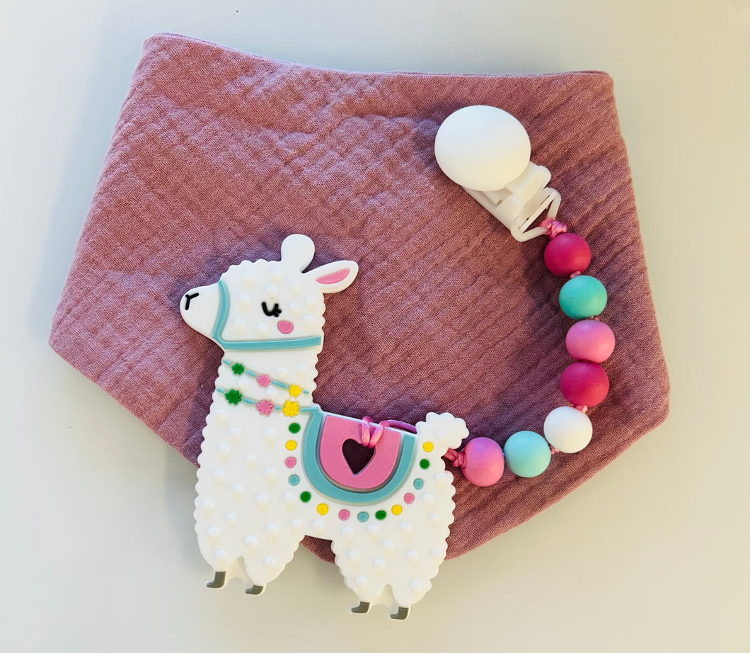 Kit bavoir, attache suce et jouet de dentition lamas