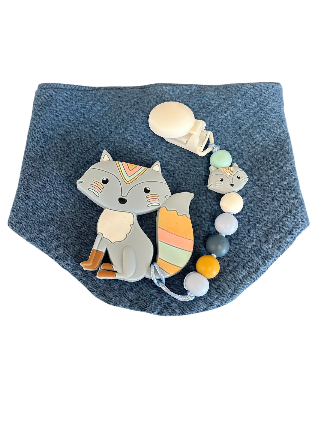 Kit bavoir, attache suce et jouet de dentition renard bleu
