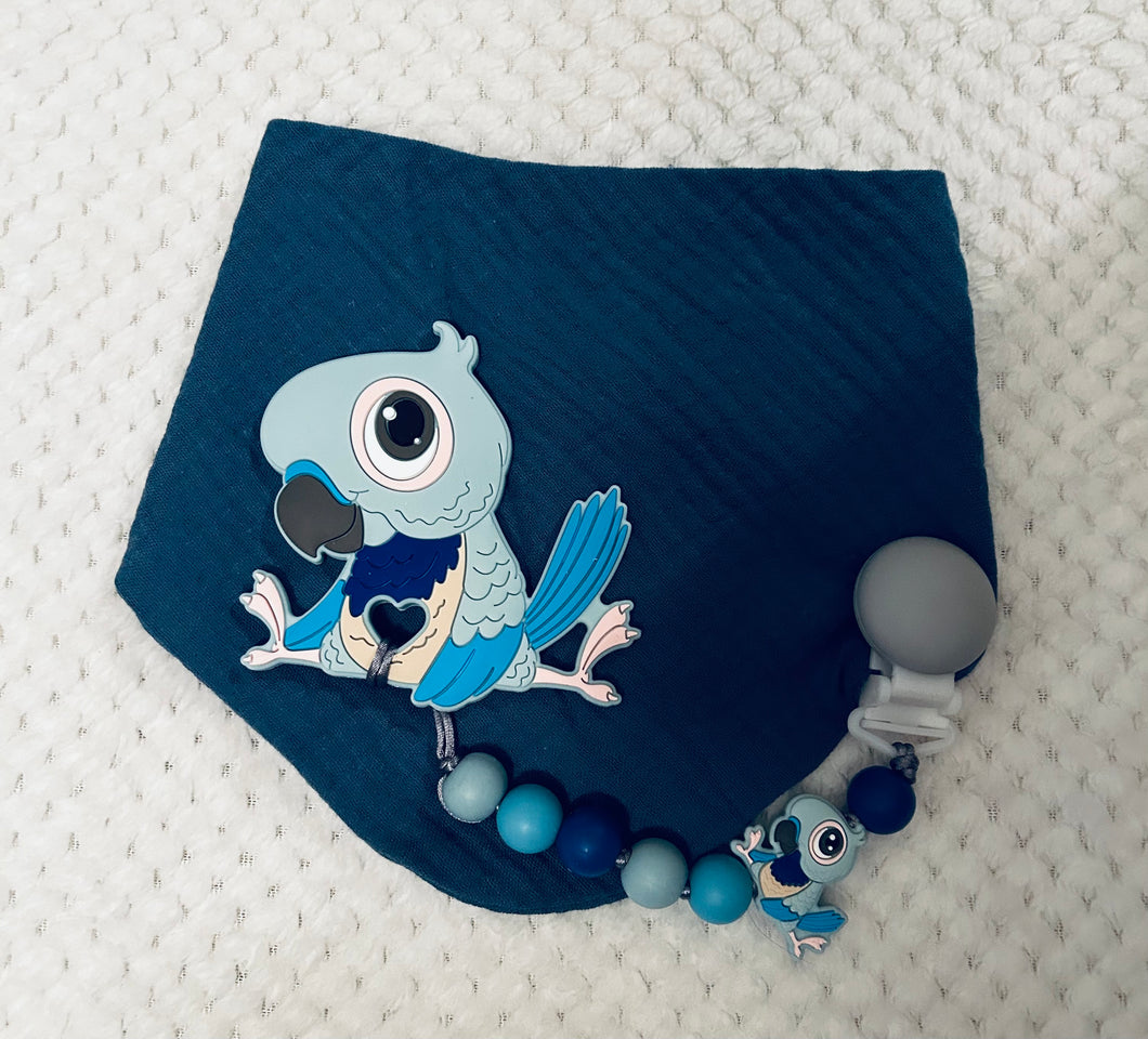 Kit bavoir, attache suce et jouet de dentition perroquet bleu