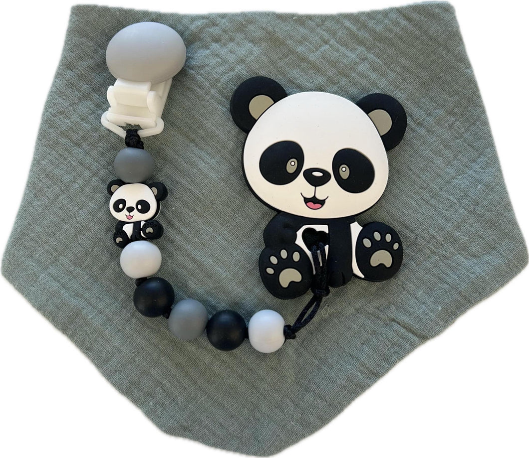 Kit bavoir, attache suce et jouet de dentition panda (bavoir vert)
