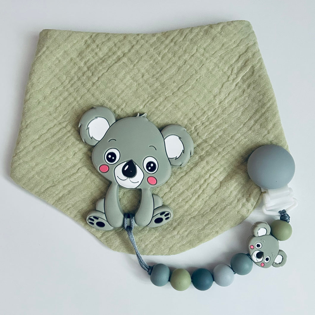 Kit bavoir, attache suce et jouet de dentition koala
