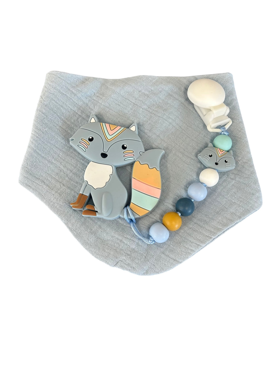 Kit bavoir, attache suce et jouet de dentition renard bleu