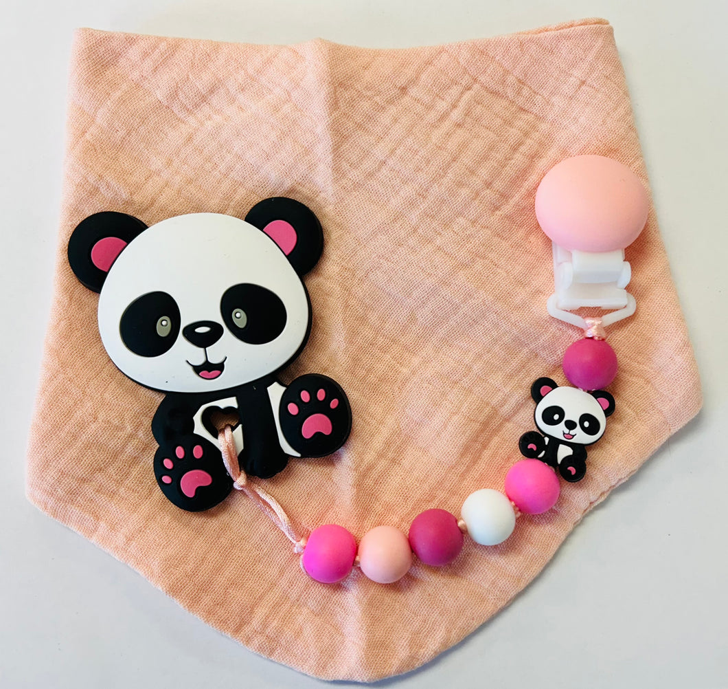 Kit bavoir, attache suce et jouet de dentition panda rose