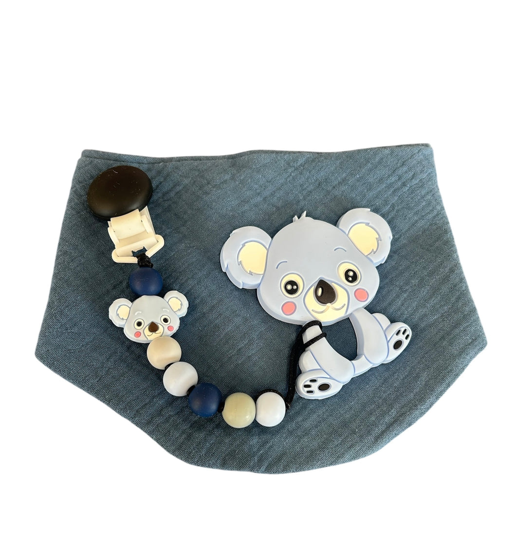 Kit bavoir, attache suce et jouet de dentition koala bleu