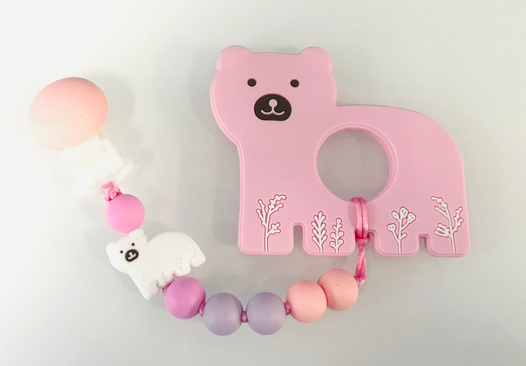 Duo attache suce et jouet de dentition ours polaire rose