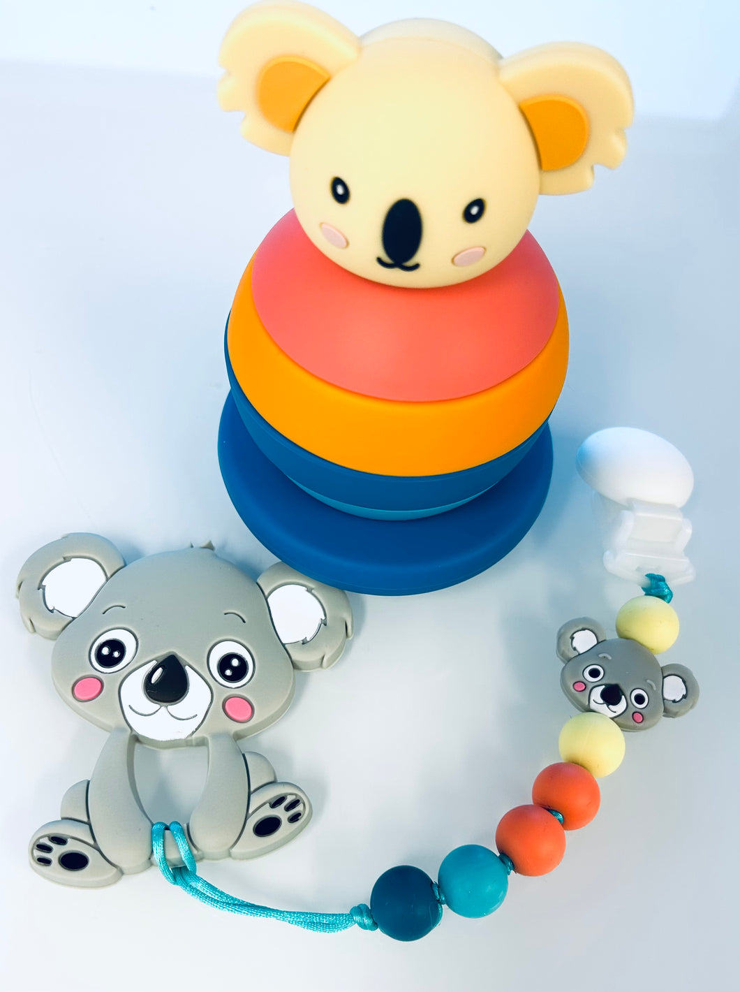 Ensemble Koala (Duo attache suce/ jouet de dentition et jouet à empiler) coloré