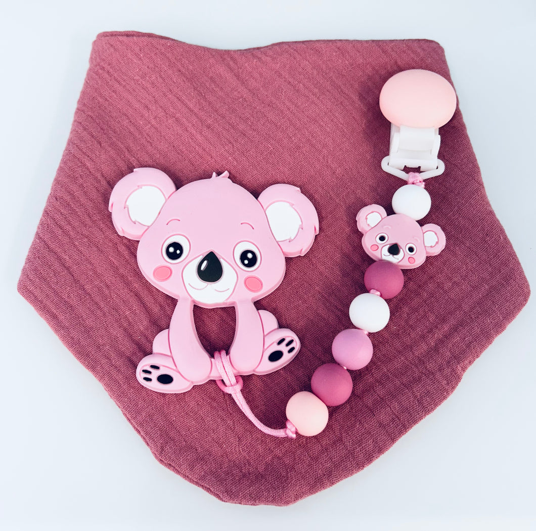 Kit bavoir, attache suce et jouet de dentition koala rose