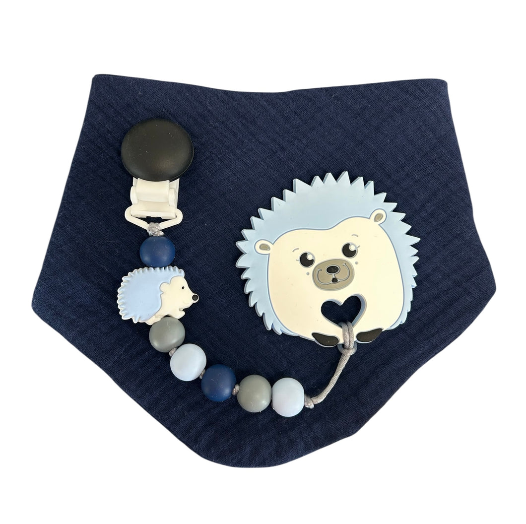 Kit bavoir, attache suce et jouet de dentition hérisson bleu marine