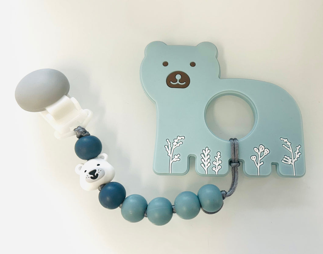 Duo attache suce et jouet de dentition ours polaire bleu