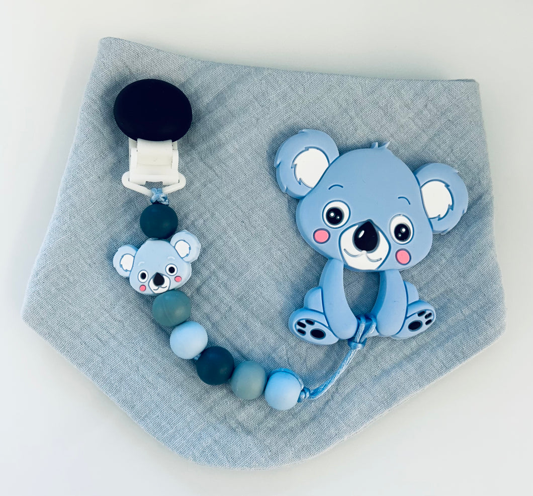 Kit bavoir, attache suce et jouet de dentition koala bleu