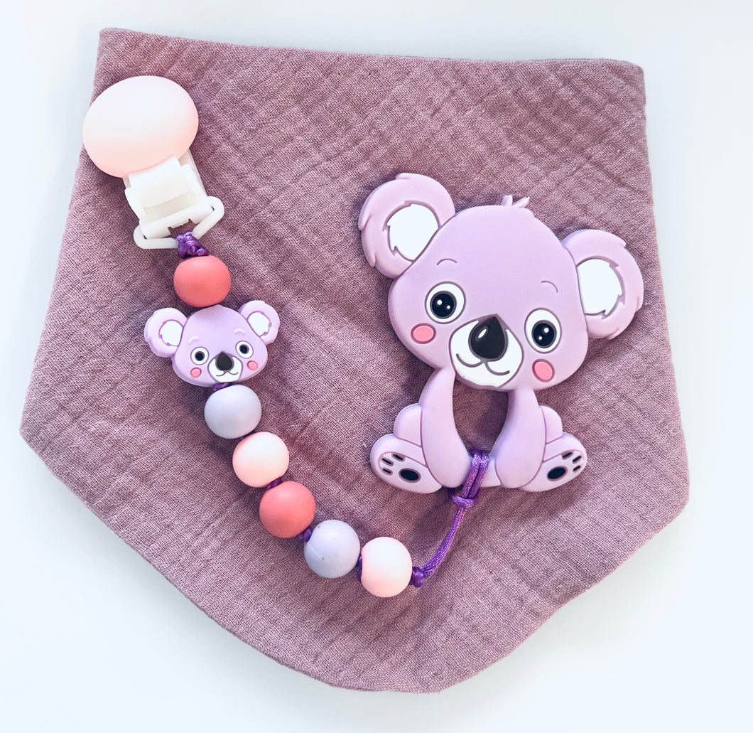 Kit bavoir, attache suce et jouet de dentition koala lilas