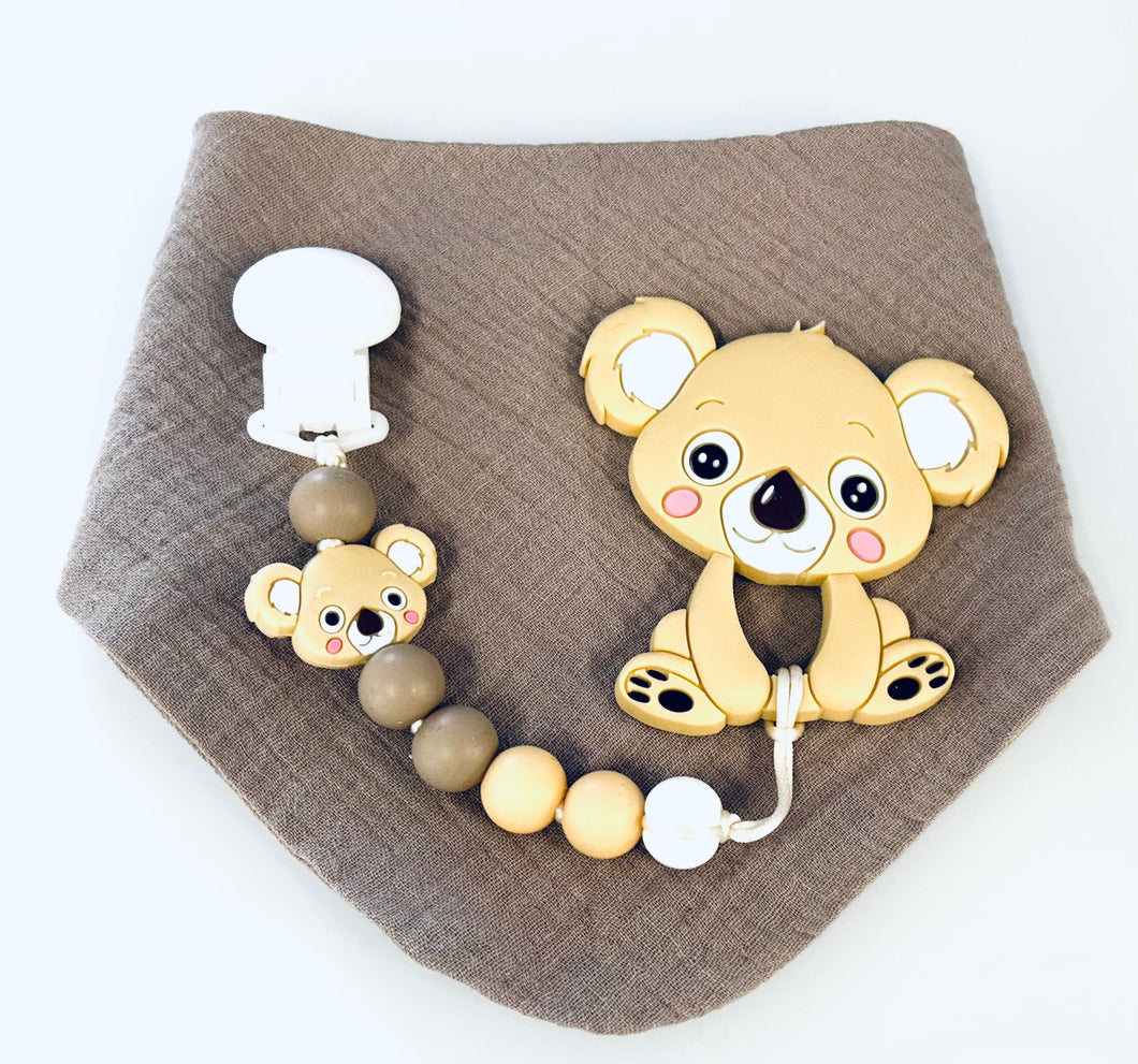 Kit bavoir, attache suce et jouet de dentition koala beige