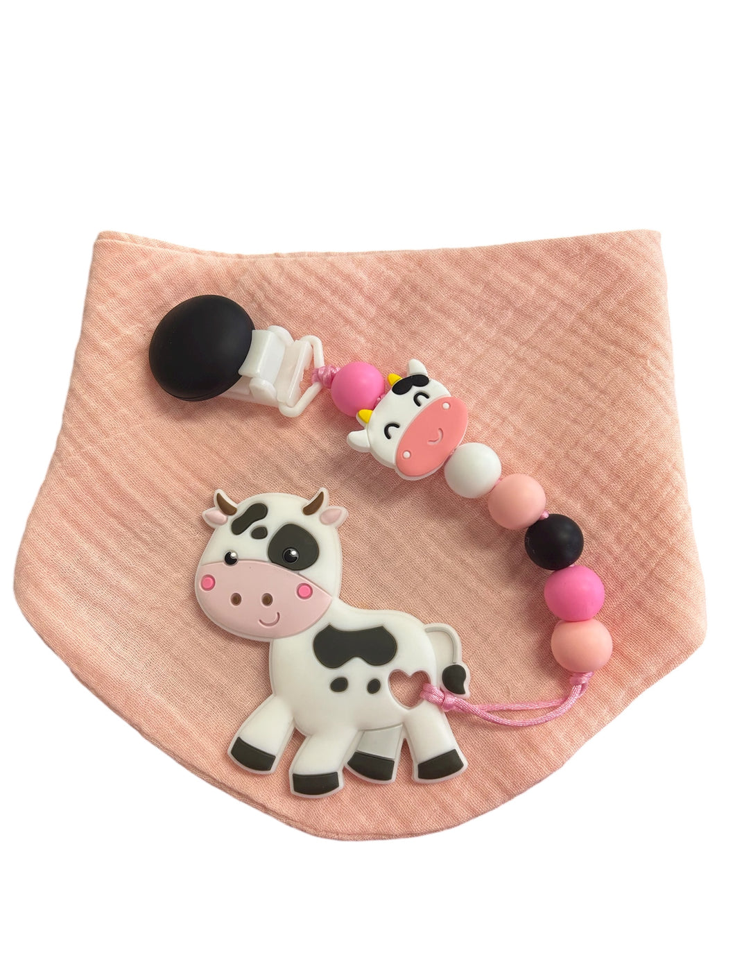 Kit bavoir, attache suce et jouet de dentition vache rose