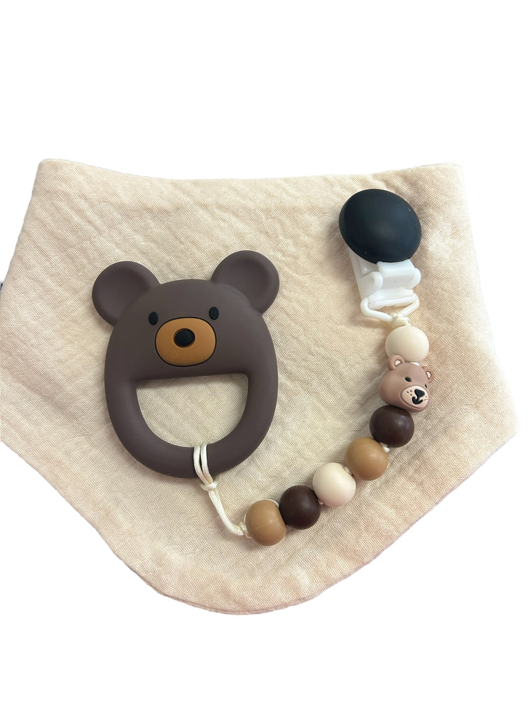 Kit bavoir, attache suce et jouet de dentition ourson brun