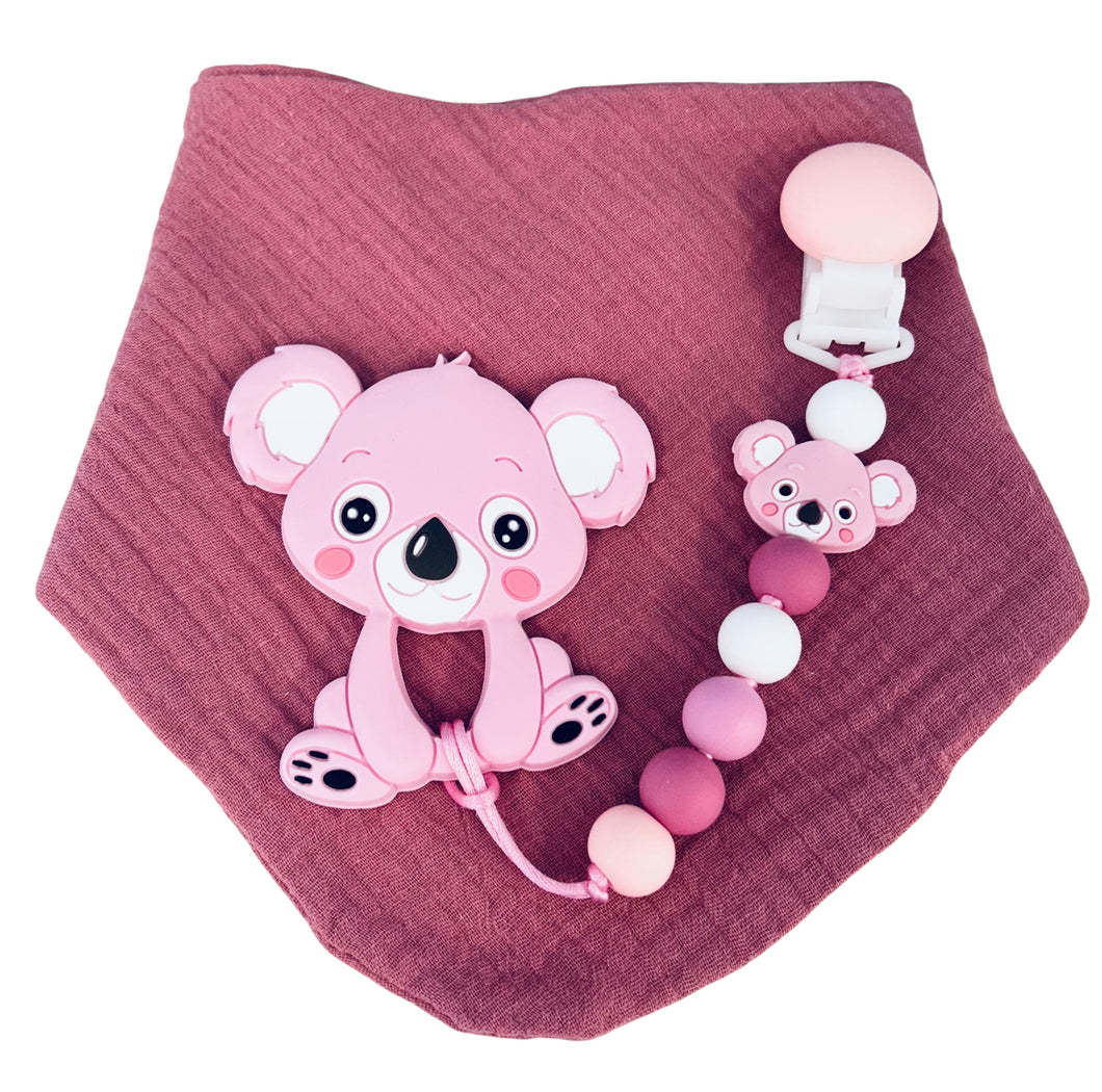 Kit bavoir, attache suce et jouet de dentition koala rose
