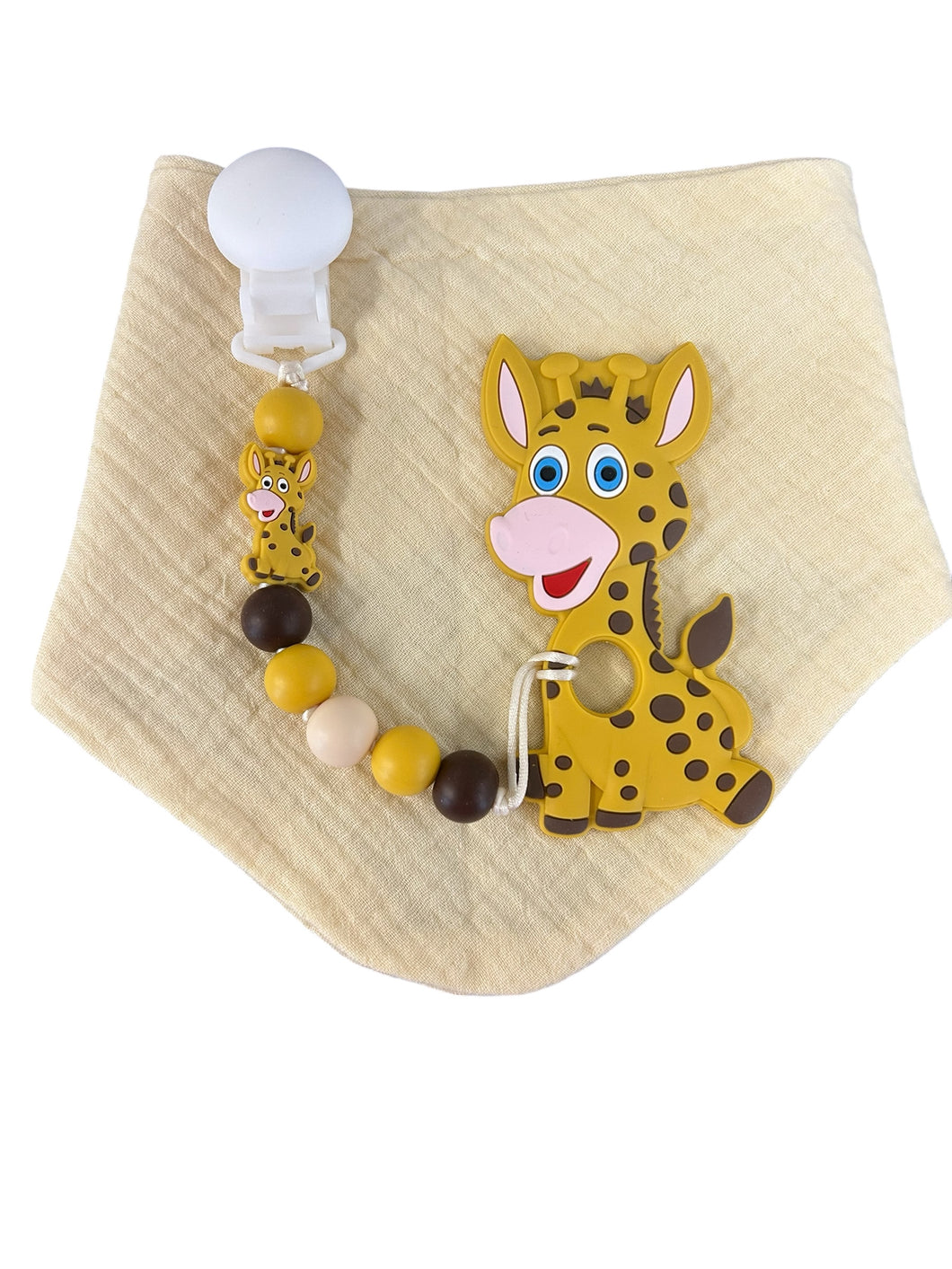 Kit bavoir, attache suce et jouet de dentition girafe