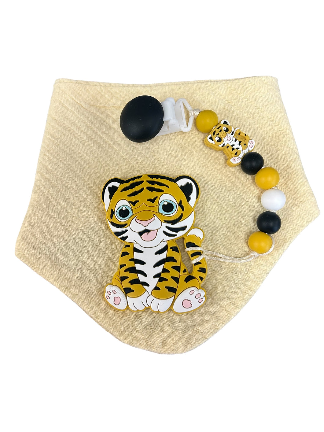 Kit bavoir, attache suce et jouet de dentition tigre