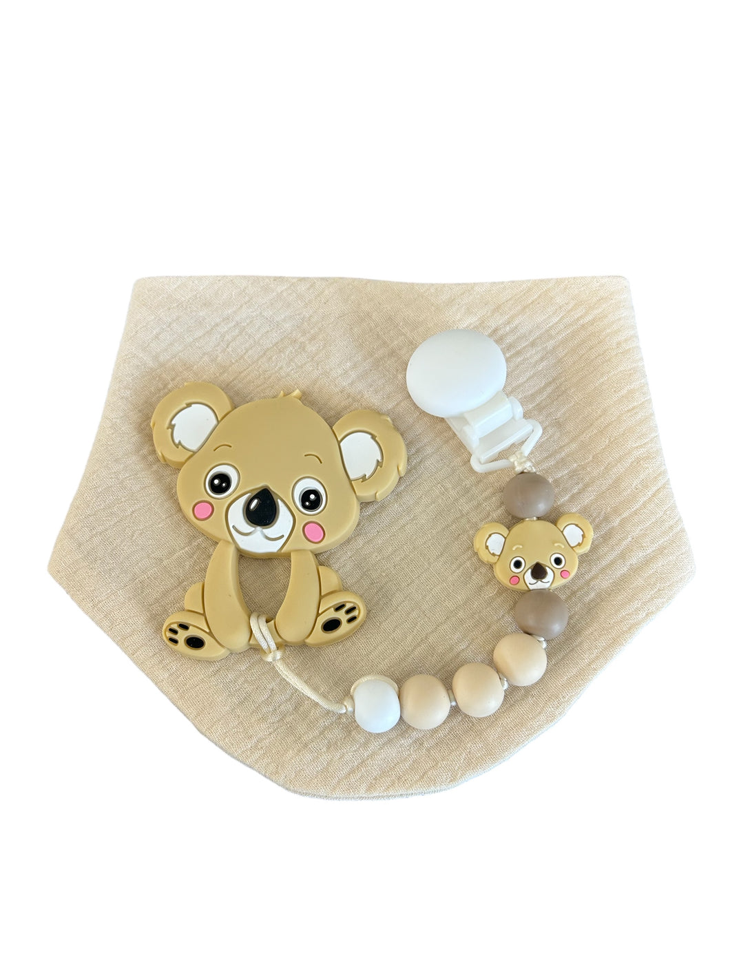 Kit bavoir, attache suce et jouet de dentition koala beige