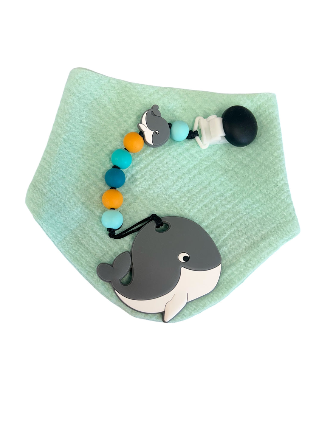 Kit bavoir, attache suce et jouet de dentition baleine