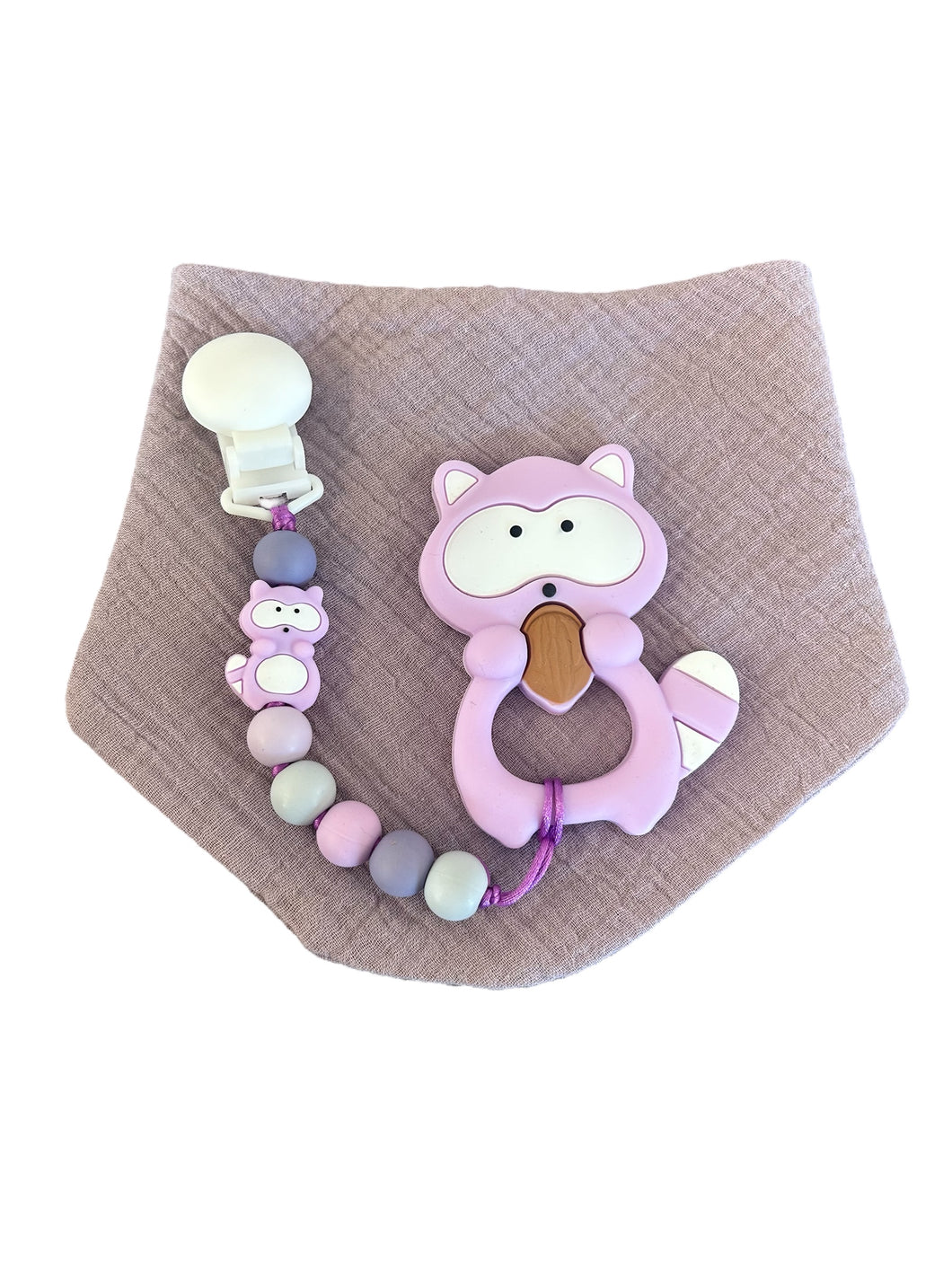 Kit bavoir, attache suce et jouet de dentition raton lilas