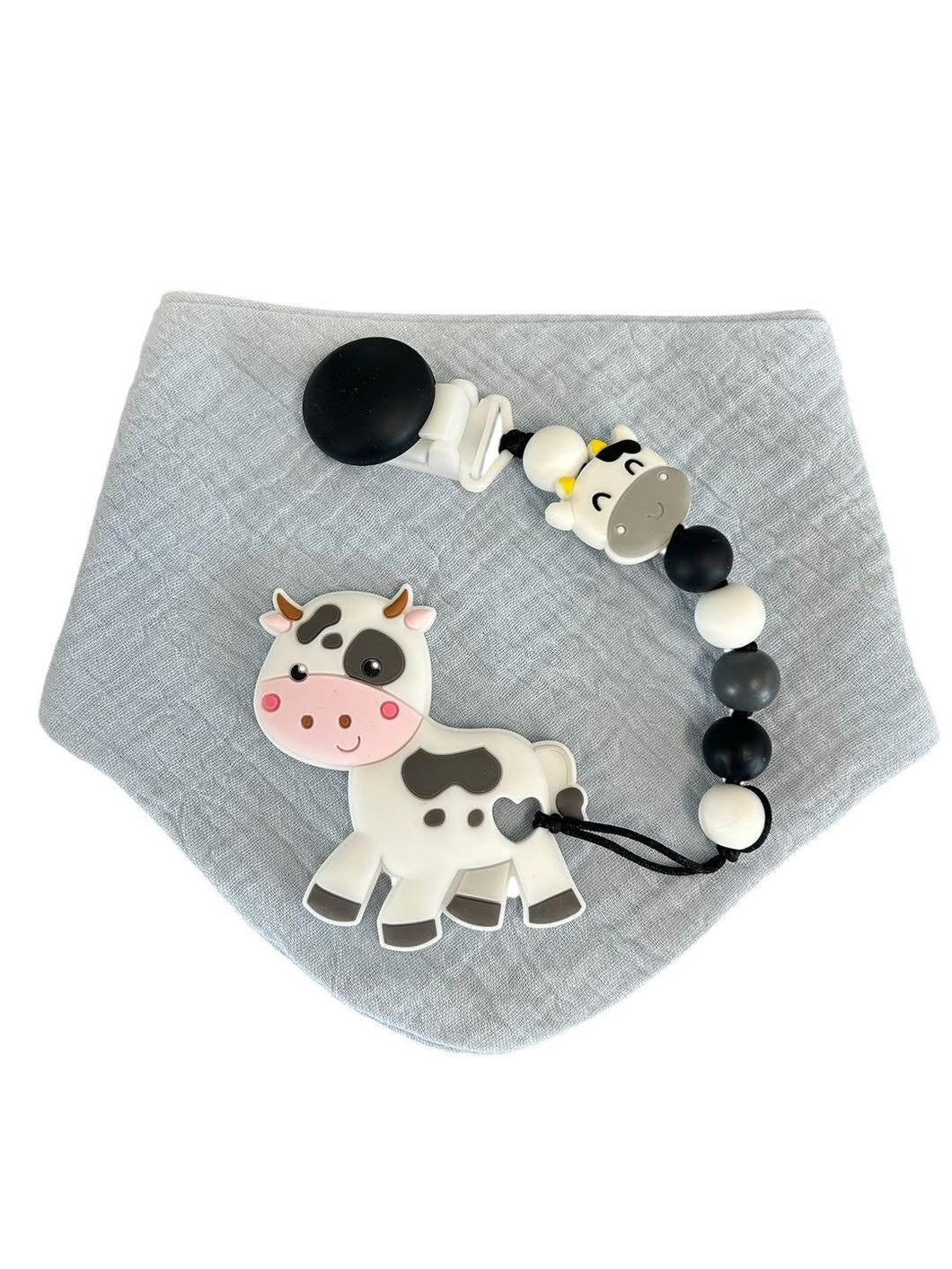 Kit bavoir, attache suce et jouet de dentition vache bleu