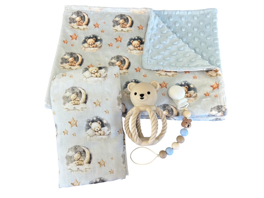 Ensemble ourson avec hochet bleu